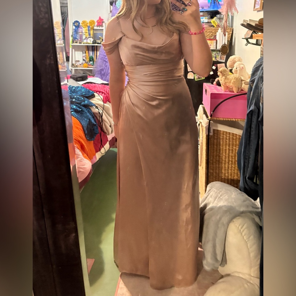 Satin Off-Shoulder Slip Dress in Taupe